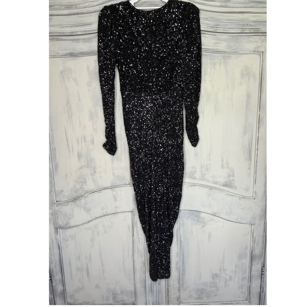 Express Sequin Midi Dress Womens Small Black Ruched V-Neck Long Sleeve Glam NEW - Picture 5 of 7